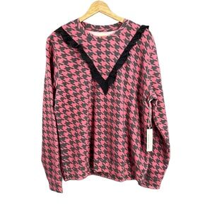 Sol Angeles Sweatshirt Pink Houndstooth Ruffle Detail Pullover‎ Womens XL New